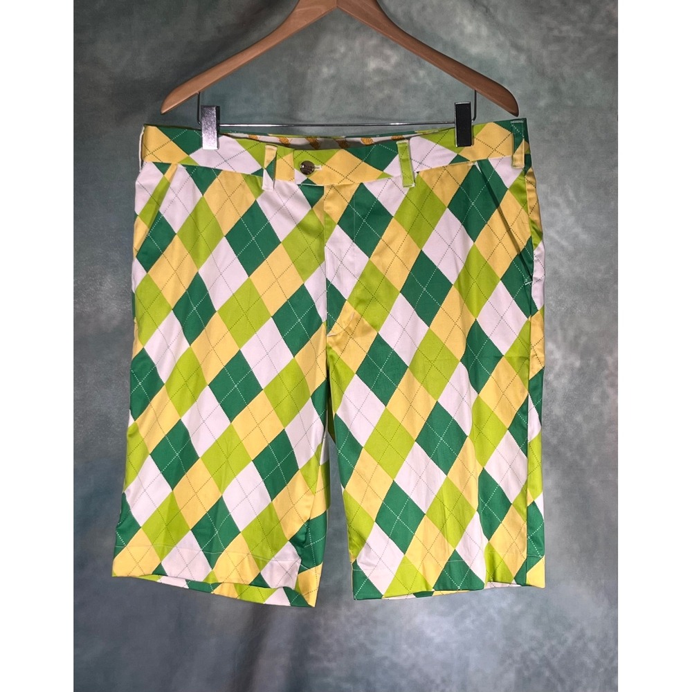 Loudmouth Golf Mens Argyle Shorts Green Yellow White Size 38 Cotton Spandex